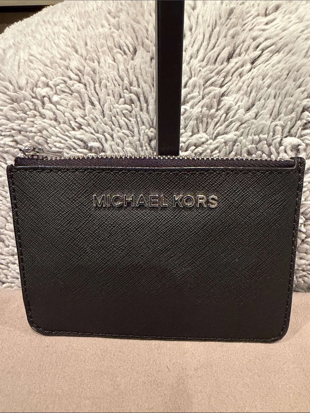 MICHAEL KORS Black Saffiano Card Holder with silver hardware